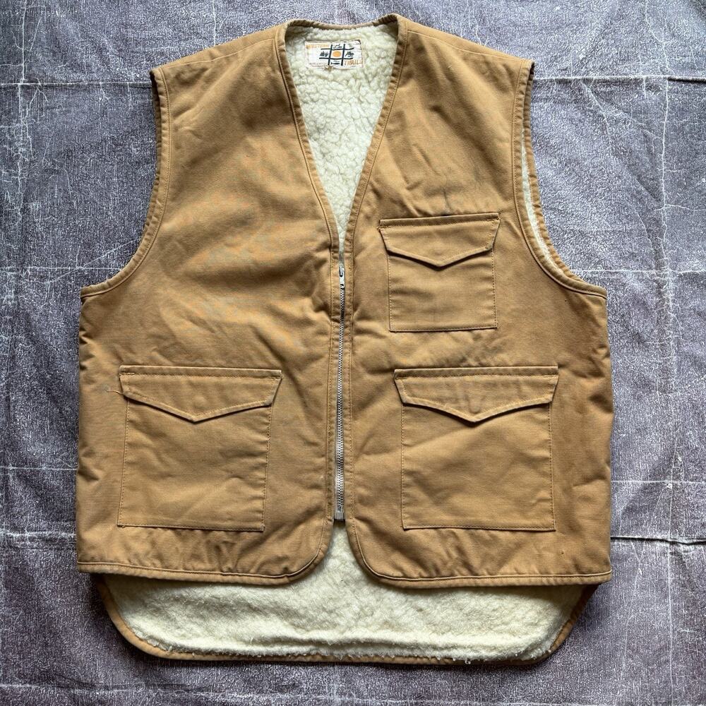 Men's Vintage 70s Western Trails Canvas Sherpa Lined Button Up Vest Jacket Sz XL